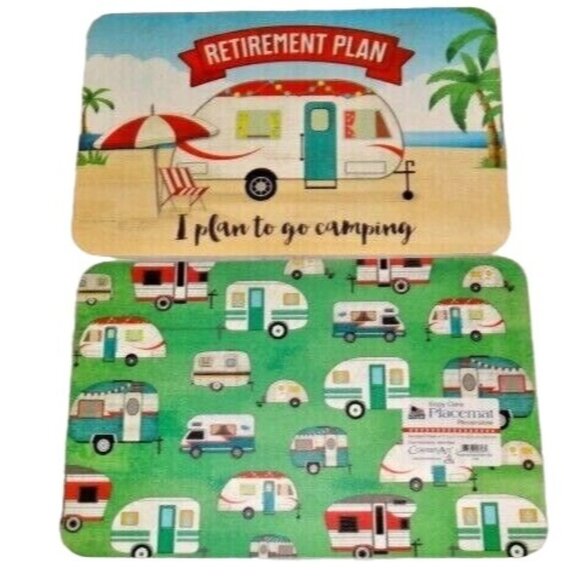 Retirement Plan Reversible Placemats Retro Beach Camping Trailer Flexible Set of - Picture 1 of 3